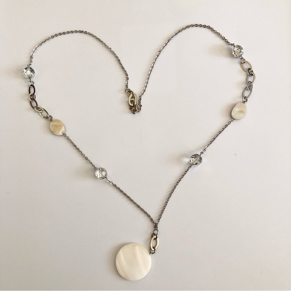 Mother of Pearl silver tone glass station necklace beach summer 34"